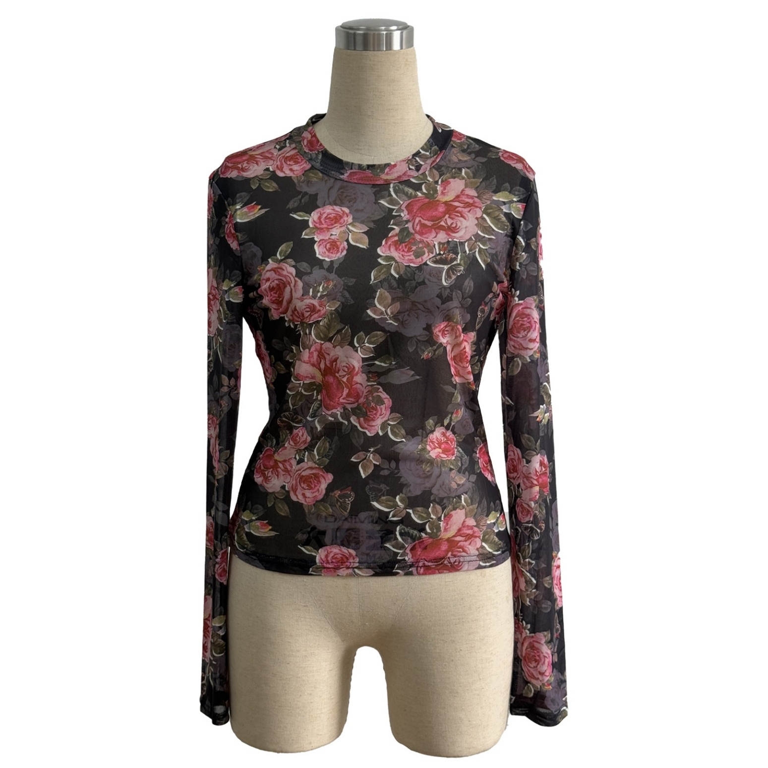 Womens Romantic Sheer Mesh Top Fashion Bodycon Long Sleeve Blouse